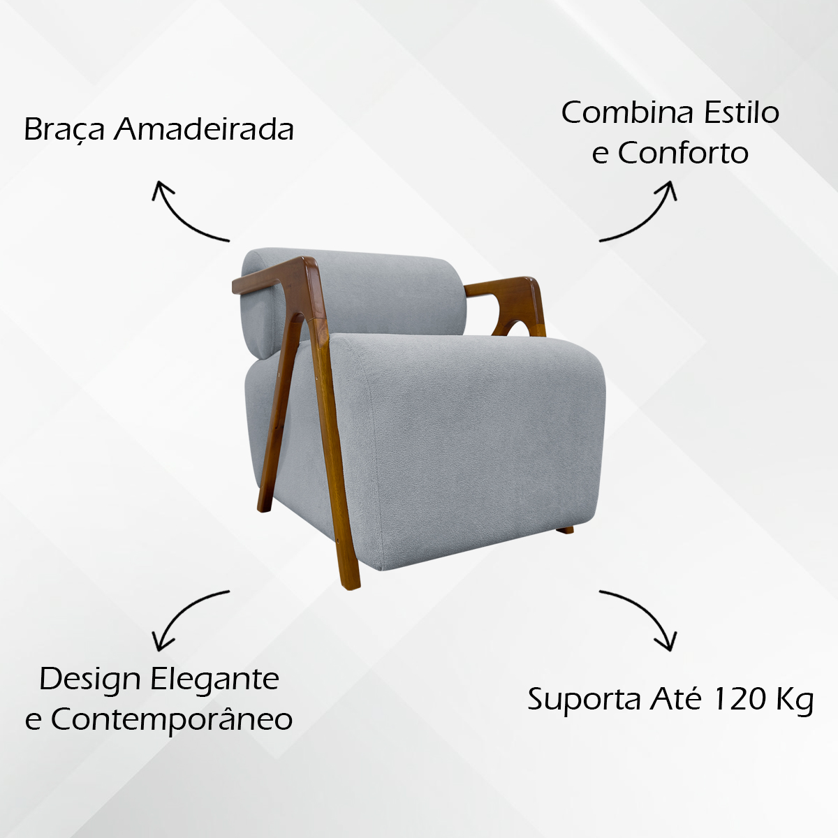 Kit 2 Poltronas Decorativas Para Sala Recepção Confortável Em Madeira Maciça Chloe Bouclé Premium Cinza