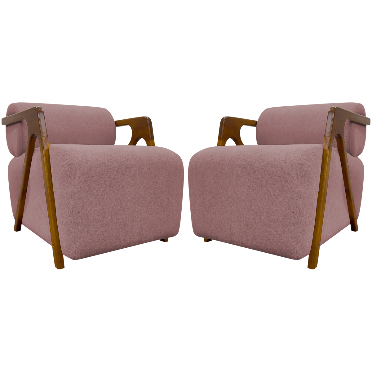 Kit 2 Poltronas Decorativas Para Sala Recepção Confortável Em Madeira Maciça Chloe Bouclé Premium Rosê