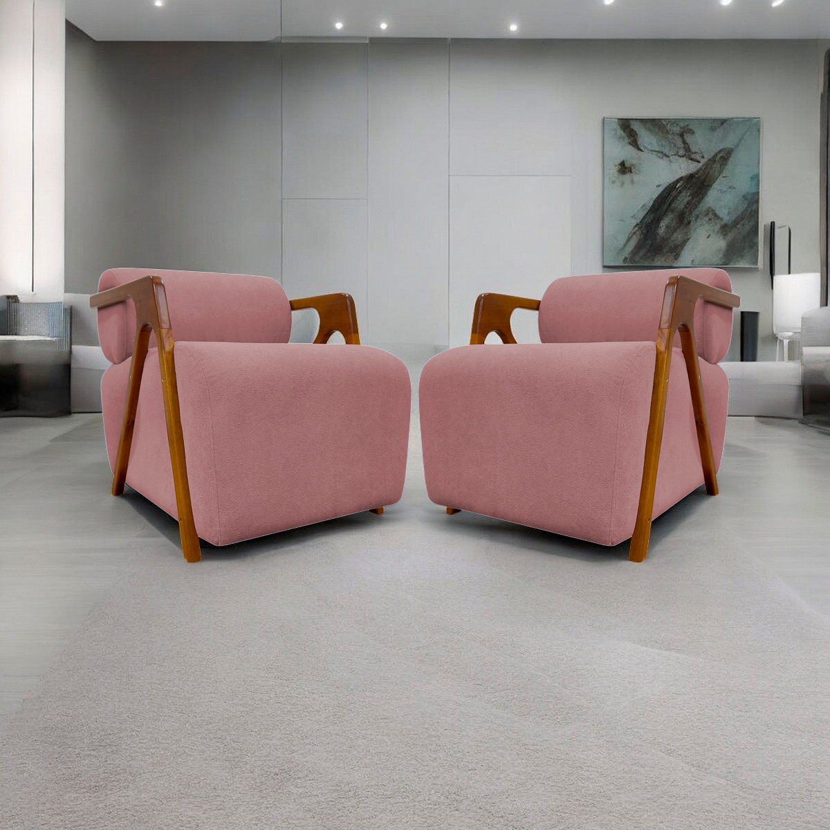 Kit 2 Poltronas Decorativas Para Sala Recepção Confortável Em Madeira Maciça Chloe Bouclé Premium Rosê