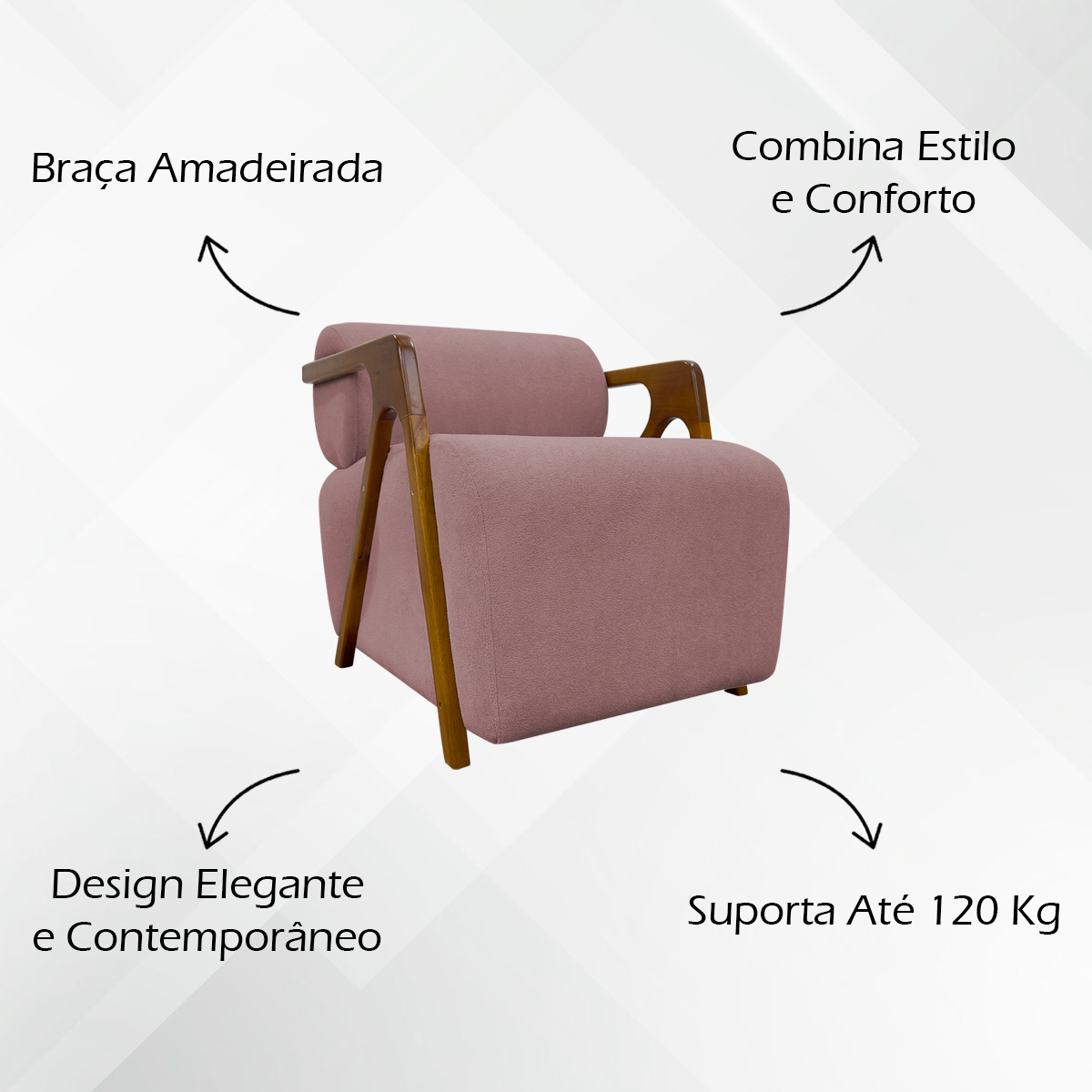 Kit 2 Poltronas Decorativas Para Sala Recepção Confortável Em Madeira Maciça Chloe Bouclé Premium Rosê