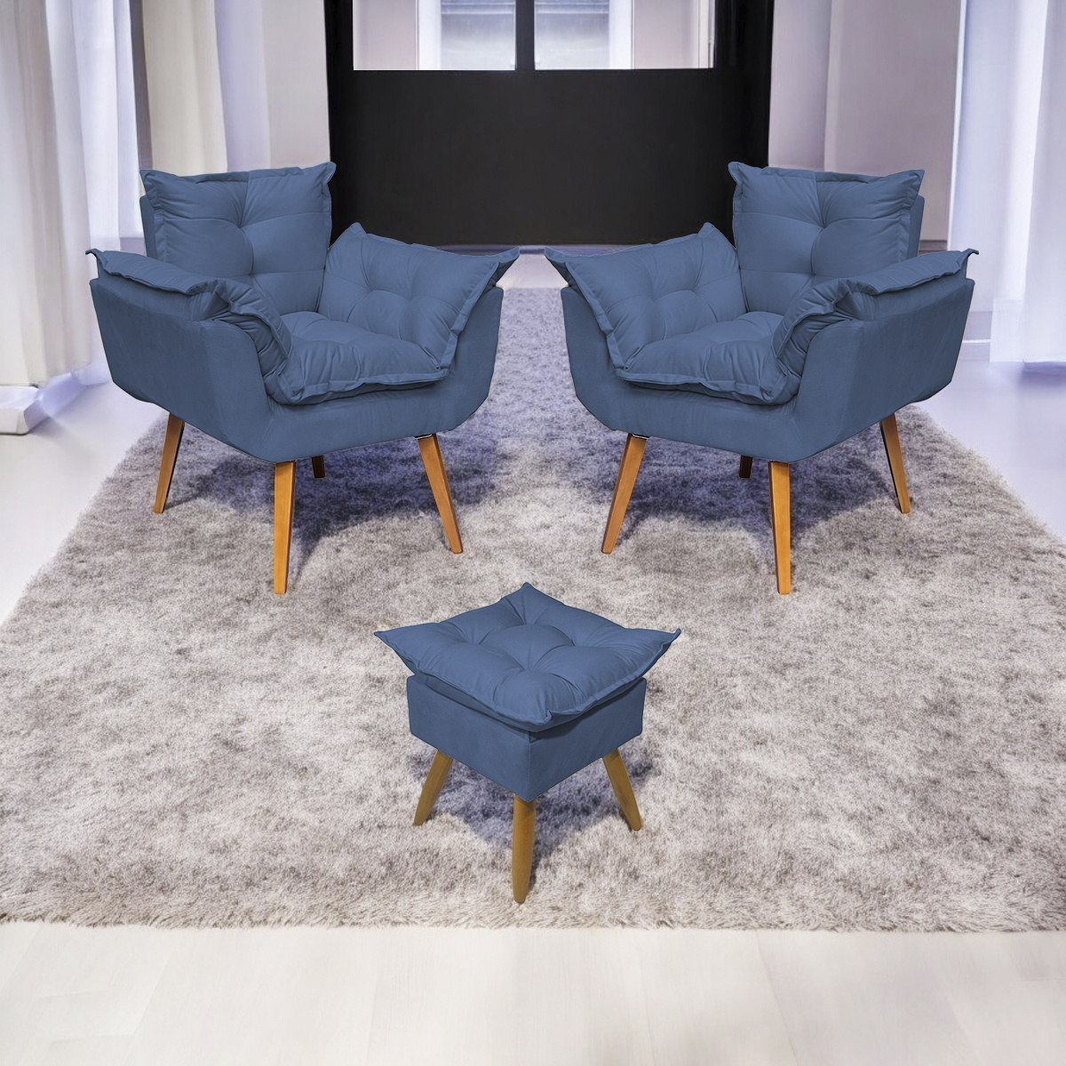 Kit 2 Poltronas Decorativas Para Sala Recepção Manicure ePuff Decorativo Para Quarto Penteadeira Suede Azul Marinho