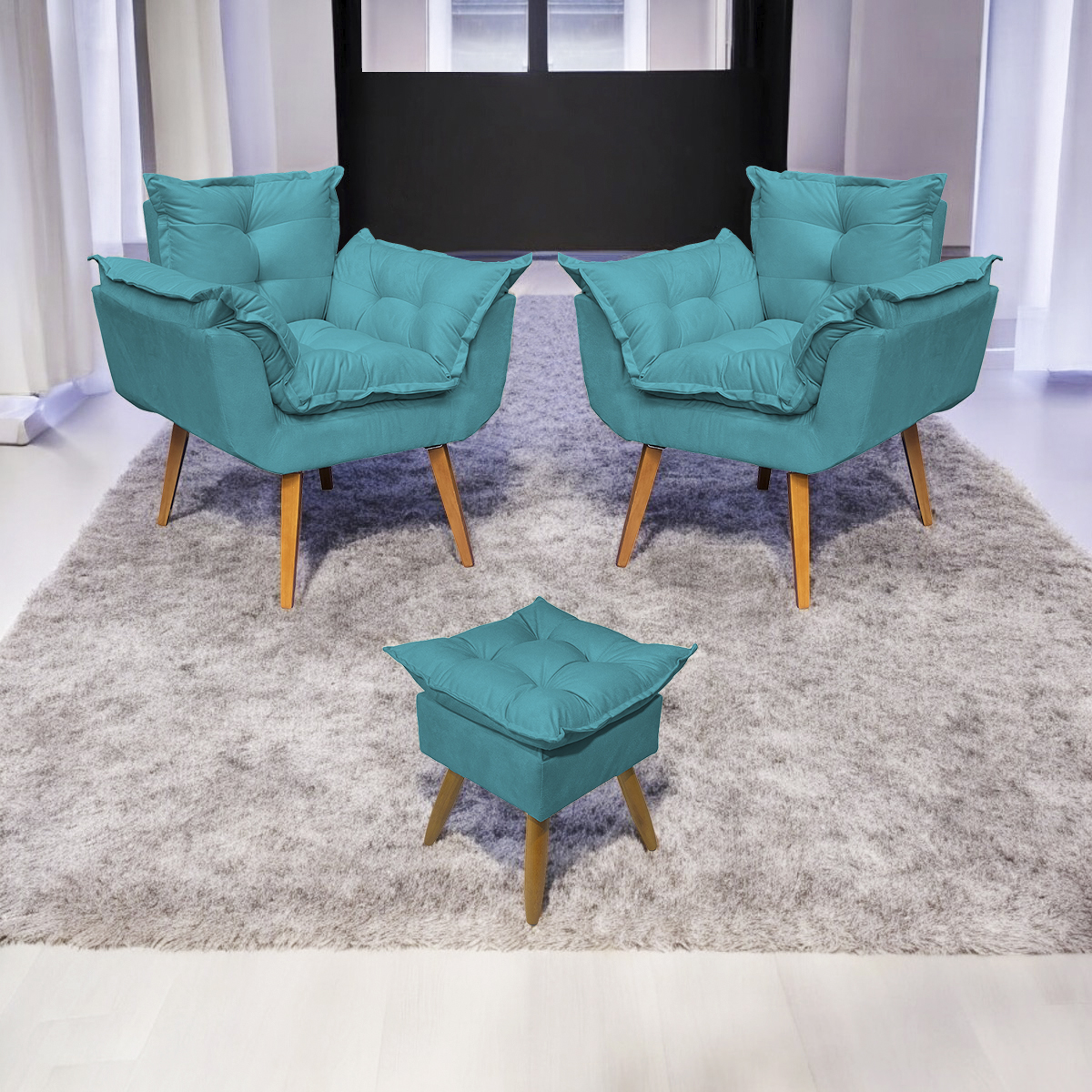 Kit 2 Poltronas Decorativas Para Sala Recepção Manicure ePuff Decorativo Para Quarto Penteadeira Suede Azul Turquesa