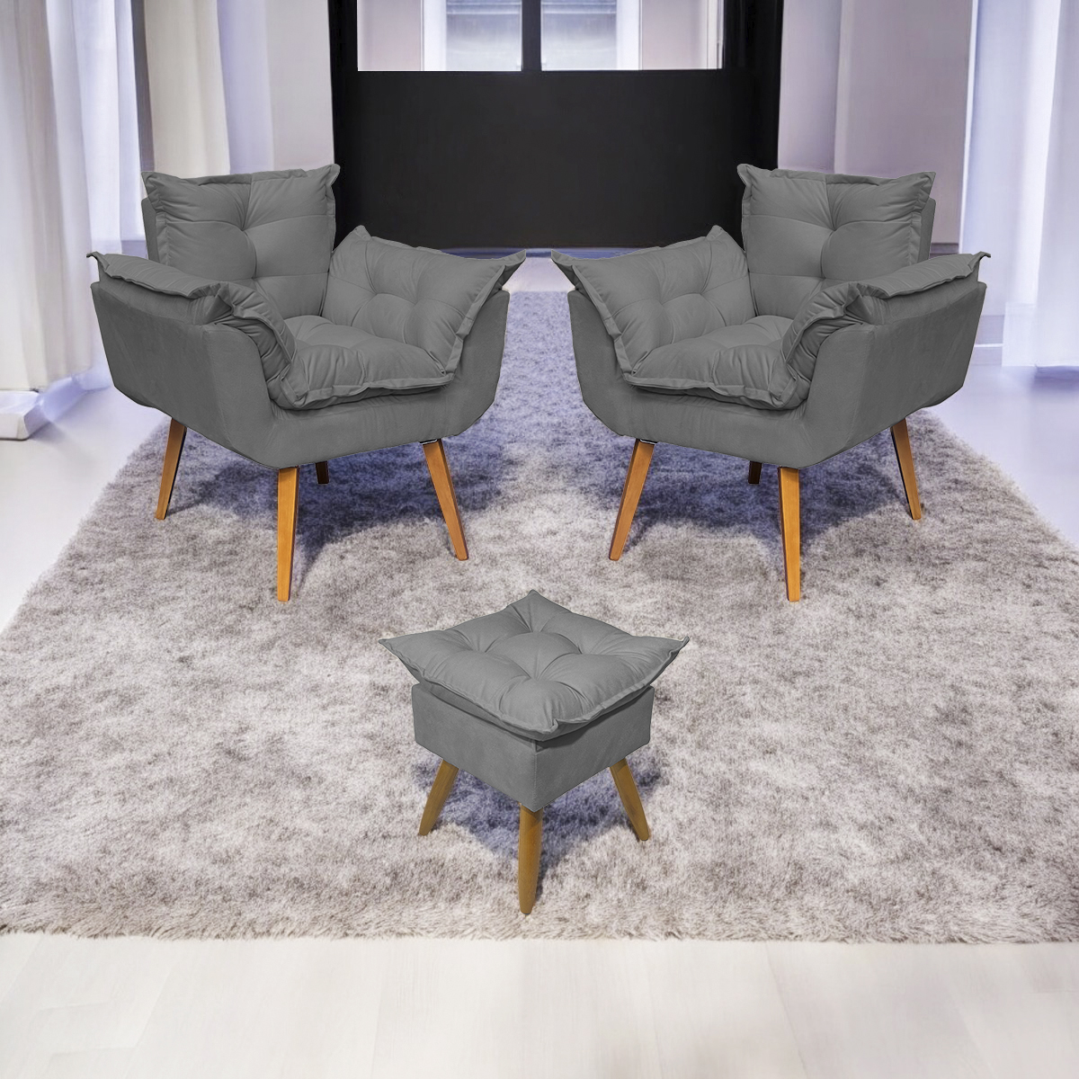 Kit 2 Poltronas Decorativas Para Sala Recepção Manicure ePuff Decorativo Para Quarto Penteadeira Suede Cinza