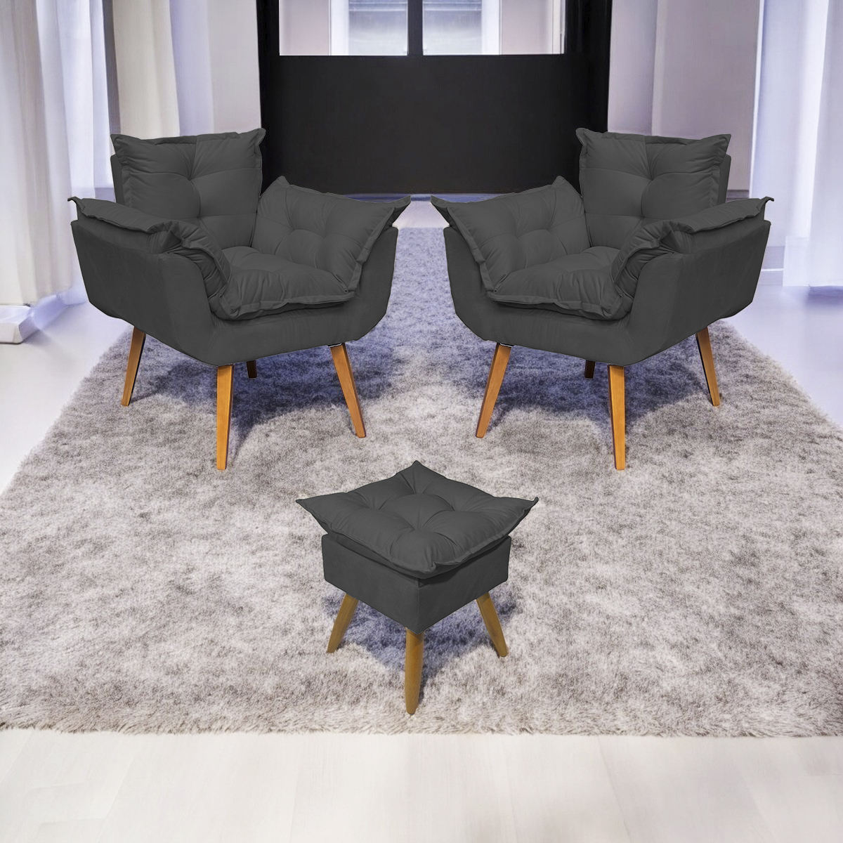Kit 2 Poltronas Decorativas Para Sala Recepção Manicure ePuff Decorativo Para Quarto Penteadeira Suede Preto