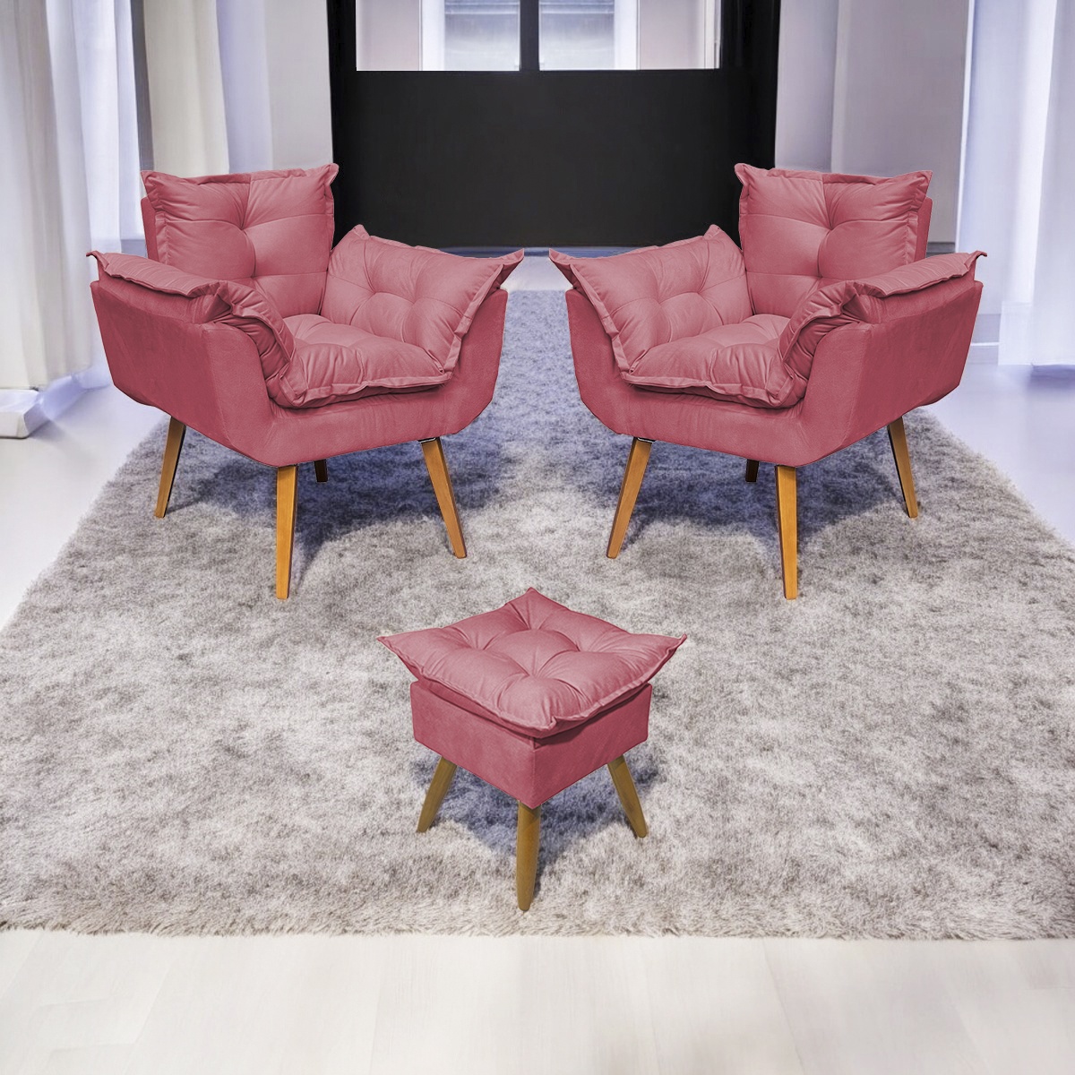 Kit 2 Poltronas Decorativas Para Sala Recepção Manicure ePuff Decorativo Para Quarto Penteadeira Suede Rosê