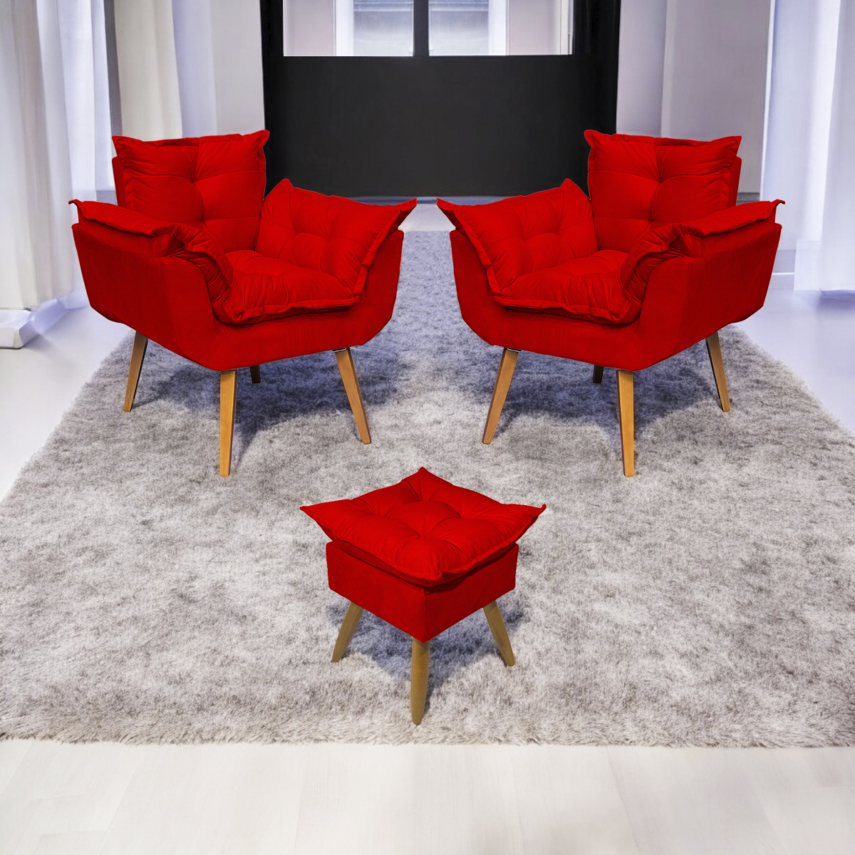 Kit 2 Poltronas Decorativas Para Sala Recepção Manicure ePuff Decorativo Para Quarto Penteadeira Suede Vermelho