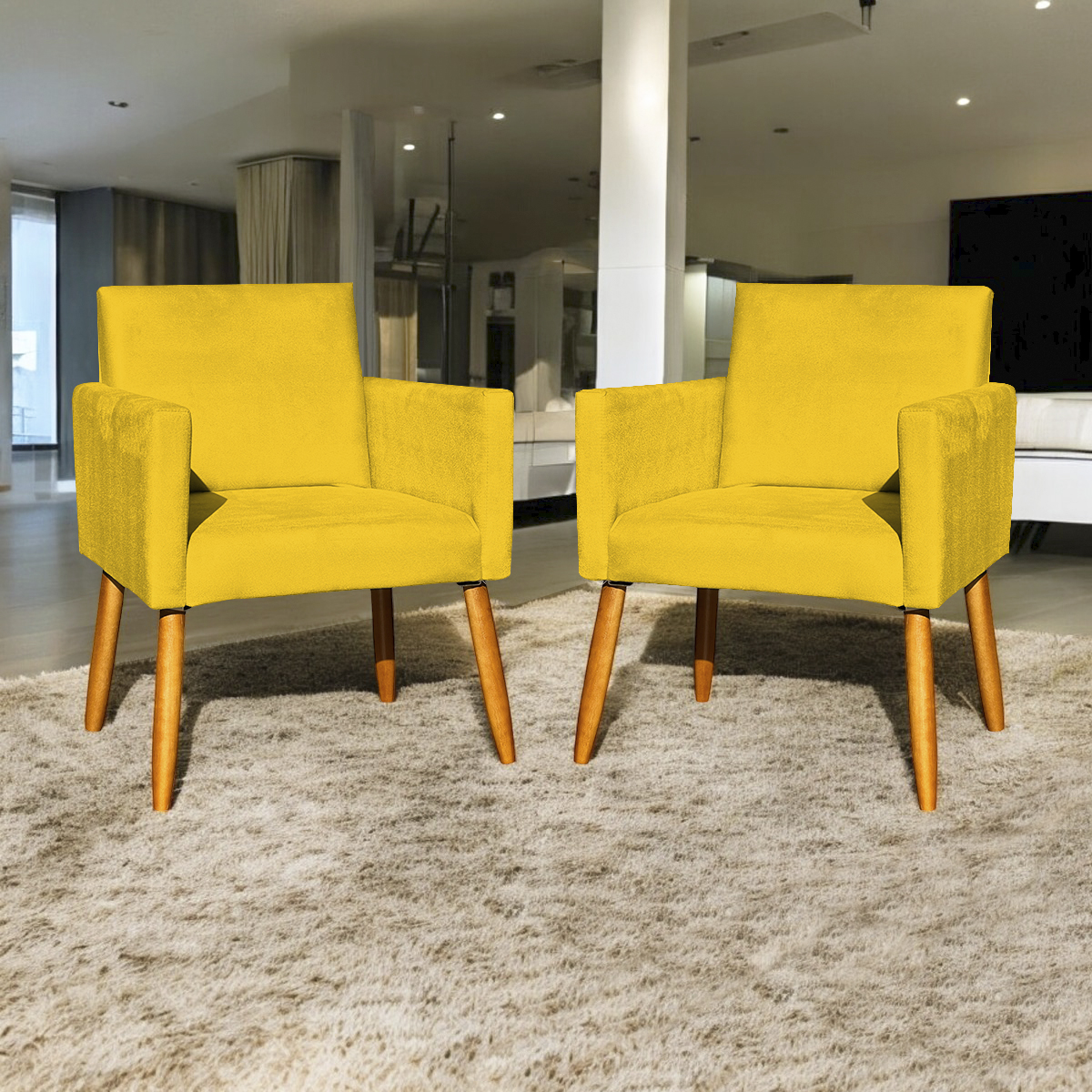 Kit 2 Poltronas Decorativas Para Sala, Manicure, Quarto Nina Suede Amarelo Pé Castanho - Clique E Decore