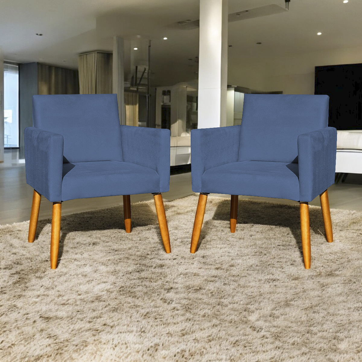 Kit 2 Poltronas Decorativas Para Sala, Manicure, Quarto Nina Suede Azul Marinho Pé Castanho - Clique E Decore