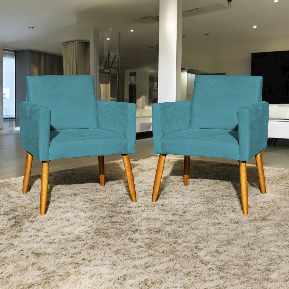 Kit 2 Poltronas Decorativas Para Sala, Manicure, Quarto Nina Suede Azul Turquesa Pé Castanho - Clique E Decore