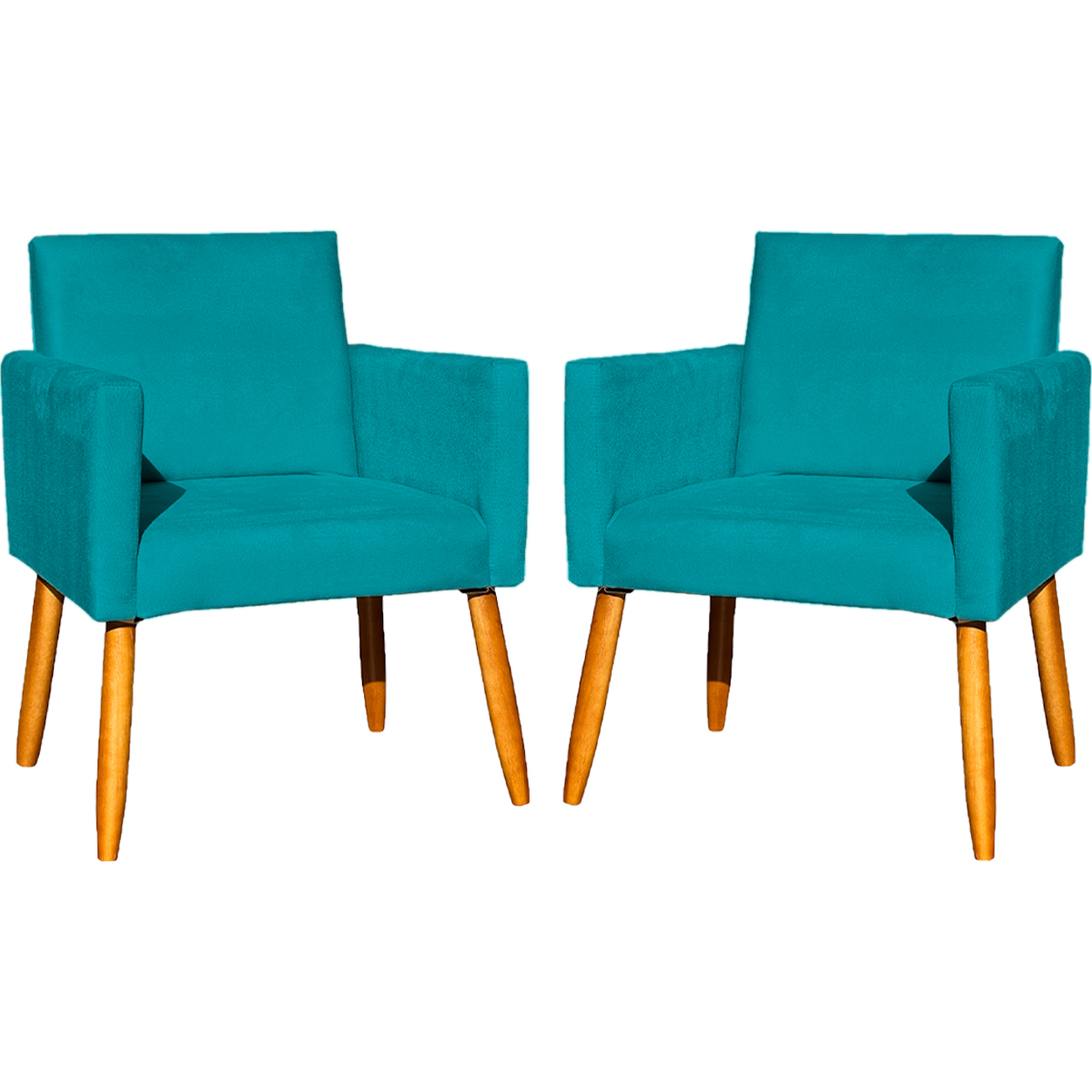 Kit 2 Poltronas Decorativas Para Sala, Manicure, Quarto Nina Suede Azul Turquesa Pé Castanho - Clique E Decore