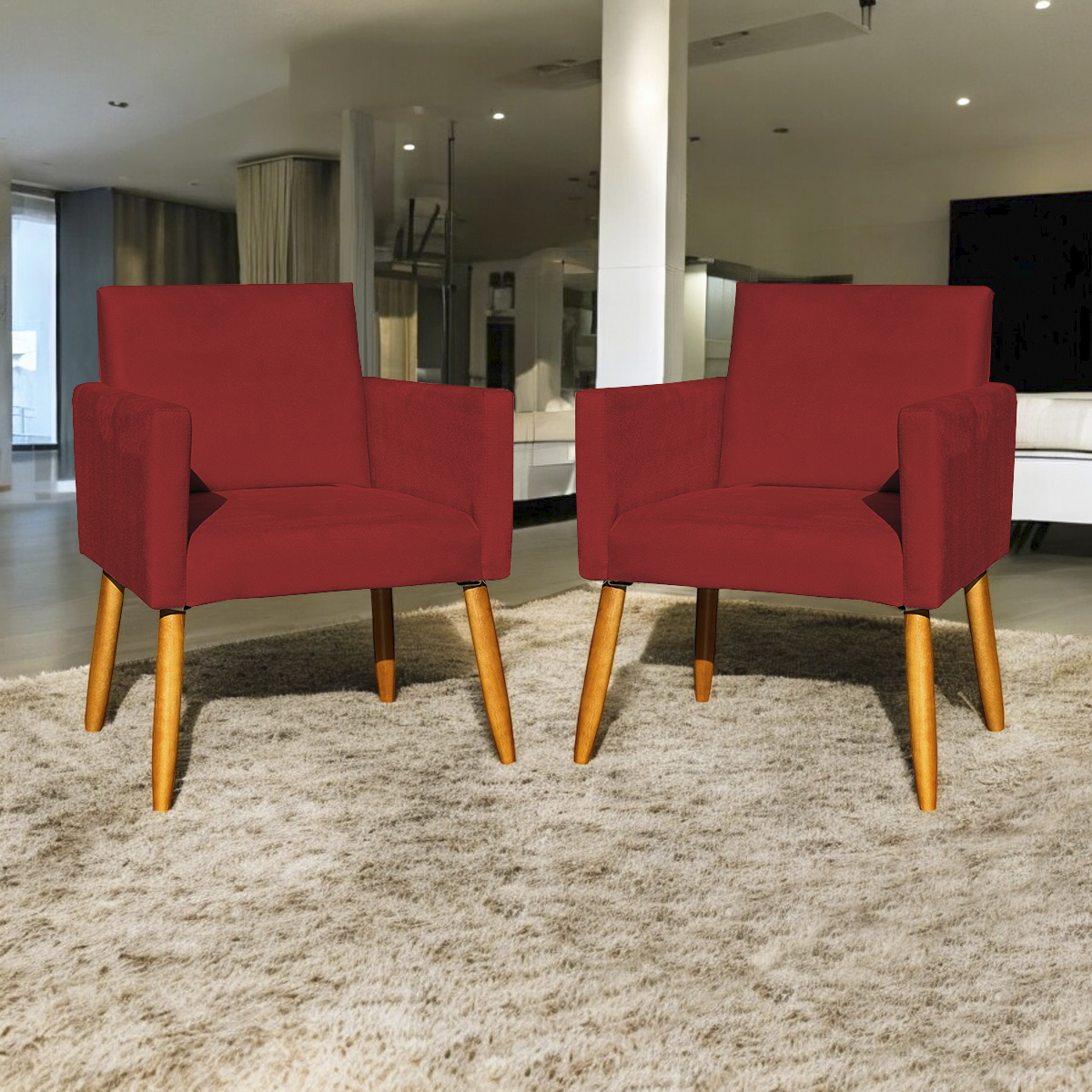 Kit 2 Poltronas Decorativas Para Sala, Manicure, Quarto Nina Suede Bordô Pé Castanho - Clique E Decore