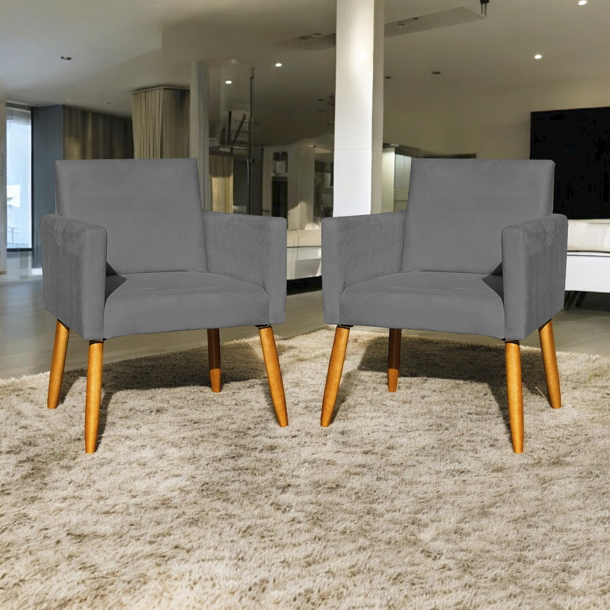 Kit 2 Poltronas Decorativas Para Sala, Manicure, Quarto Nina Suede Cinza Pé Castanho - Clique E Decore