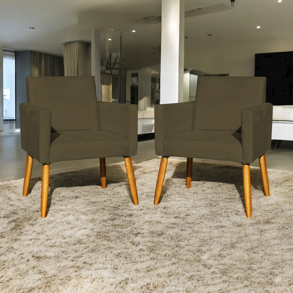 Kit 2 Poltronas Decorativas Para Sala, Manicure, Quarto Nina Suede Marrom Pé Castanho - Clique E Decore