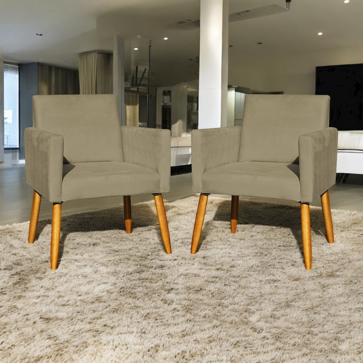 Kit 2 Poltronas Decorativas Para Sala, Manicure, Quarto Nina Suede Nude Pé Castanho - Clique E Decore