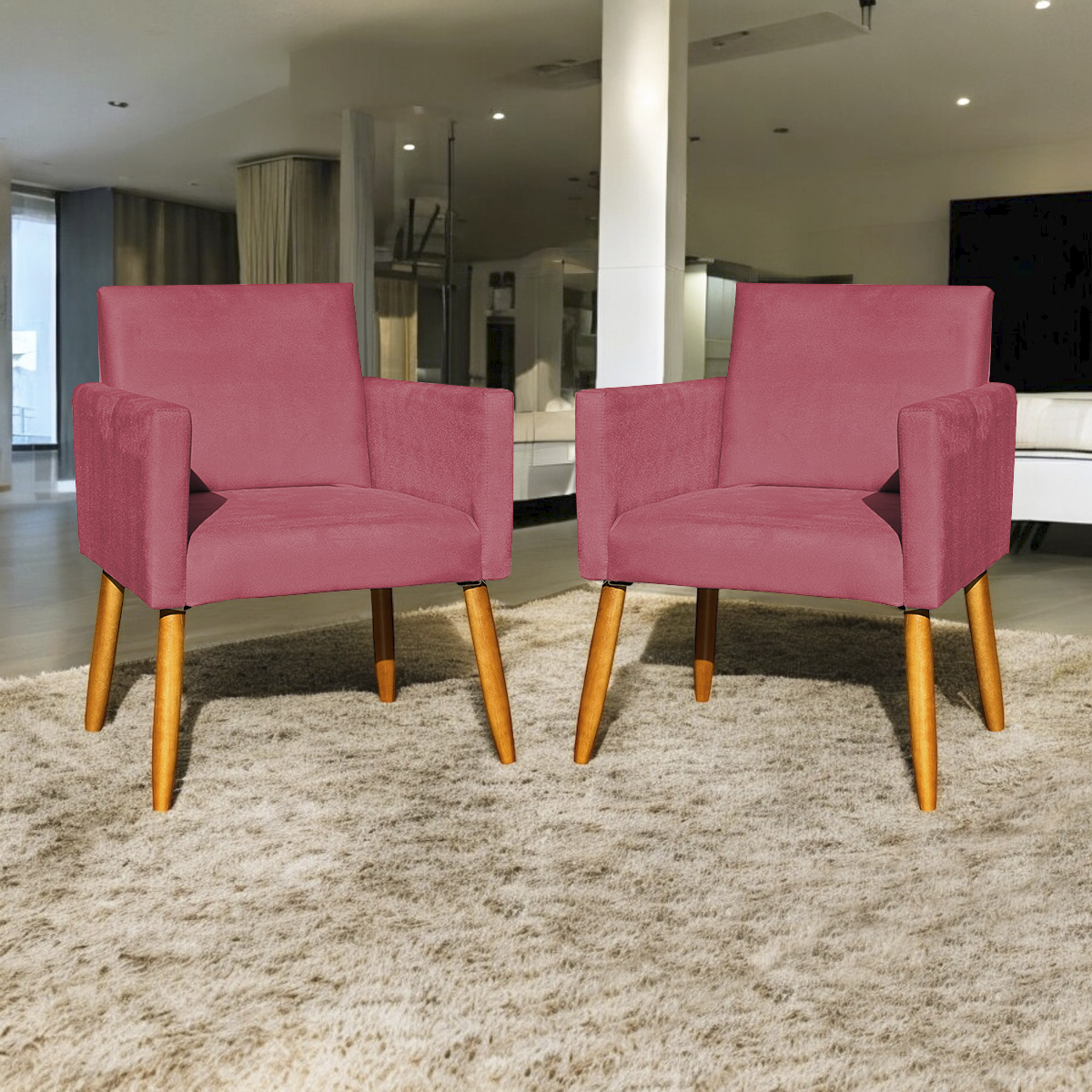 Kit 2 Poltronas Decorativas Para Sala, Manicure, Quarto Nina Suede Rose Pé Castanho - Clique E Decore