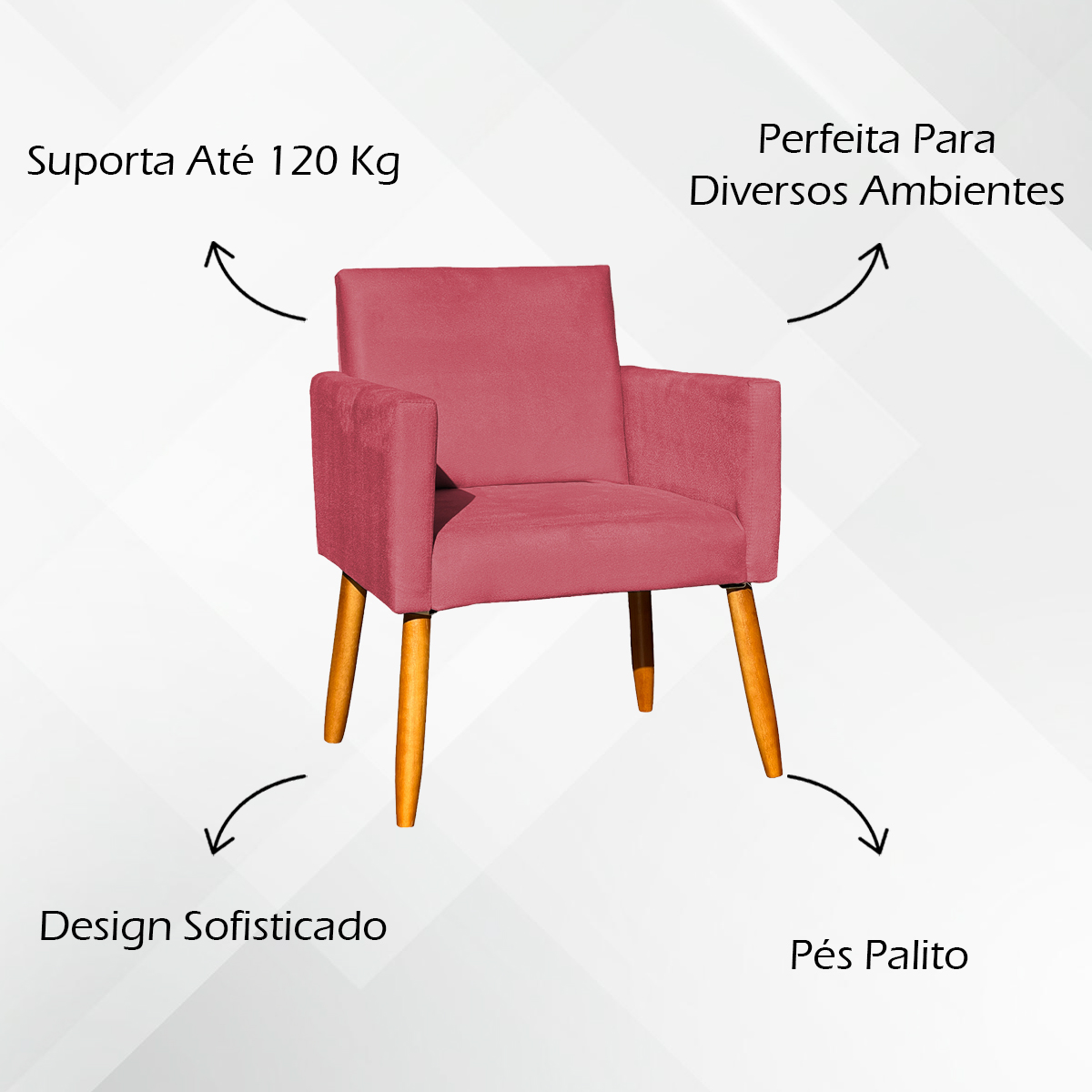 Kit 2 Poltronas Decorativas Para Sala, Manicure, Quarto Nina Suede Rose Pé Castanho - Clique E Decore