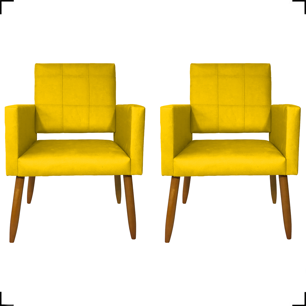 Kit 2 Poltronas Decorativas Para Sala, Quarto, Escritório Isa Suede Amarelo Pé Castanho - Clique E Decore