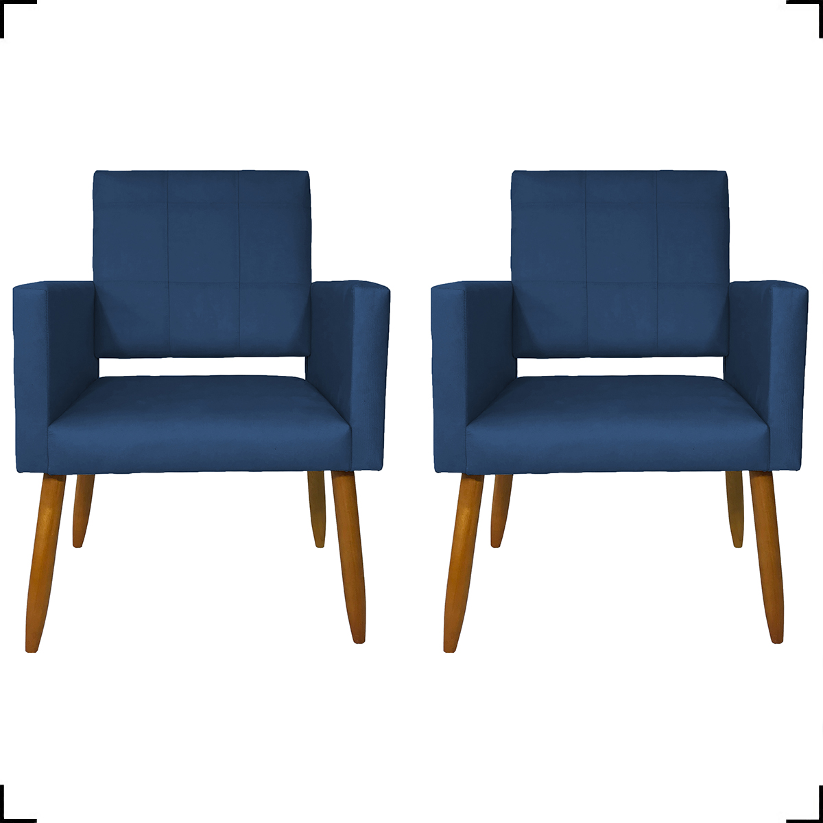 Kit 2 Poltronas Decorativas Para Sala, Quarto, Escritório Isa Suede Azul Marinho Pé Castanho - Clique E Decore