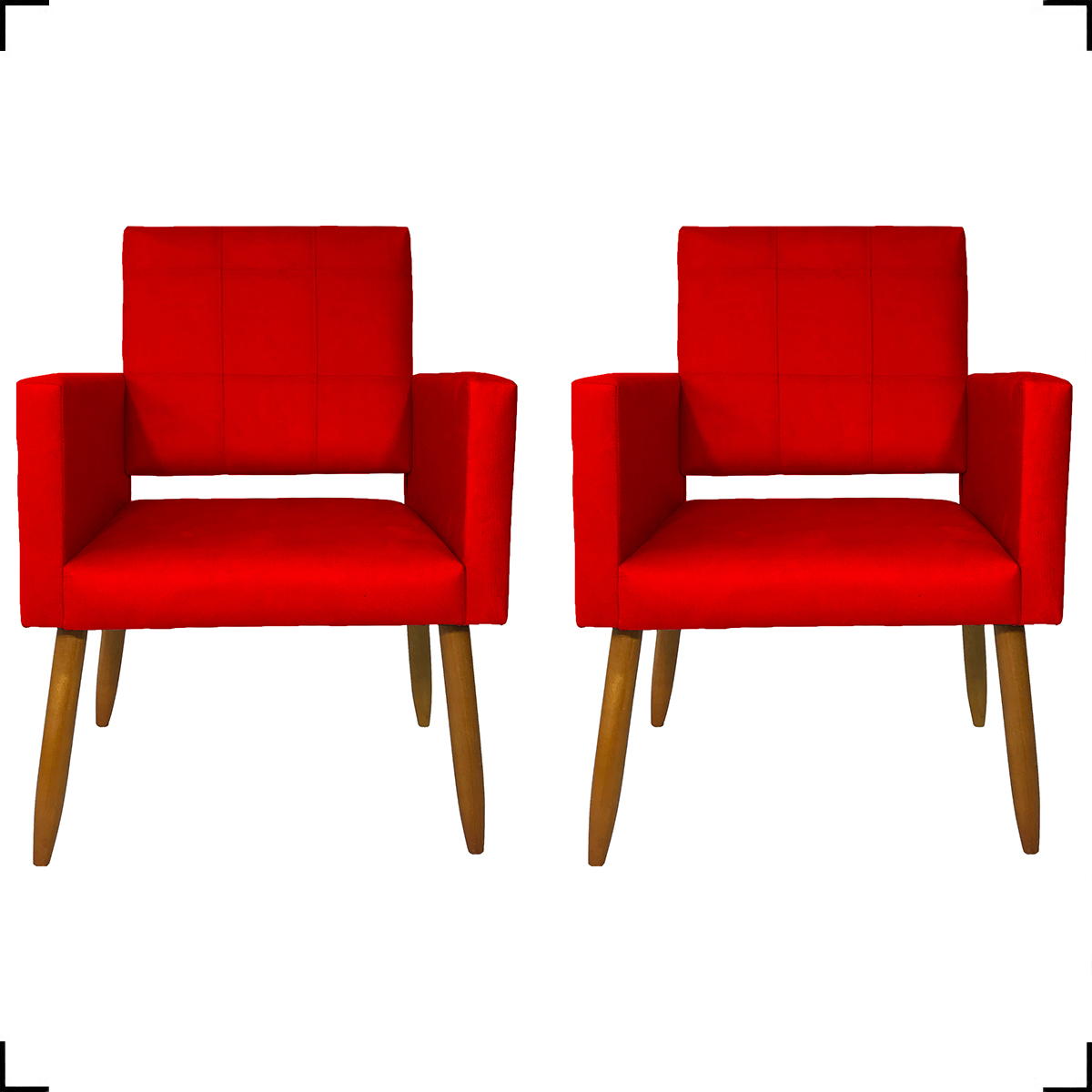 Kit 2 Poltronas Decorativas Para Sala, Quarto, Escritório Isa Suede Vermelho Pé Castanho - Clique E Decore