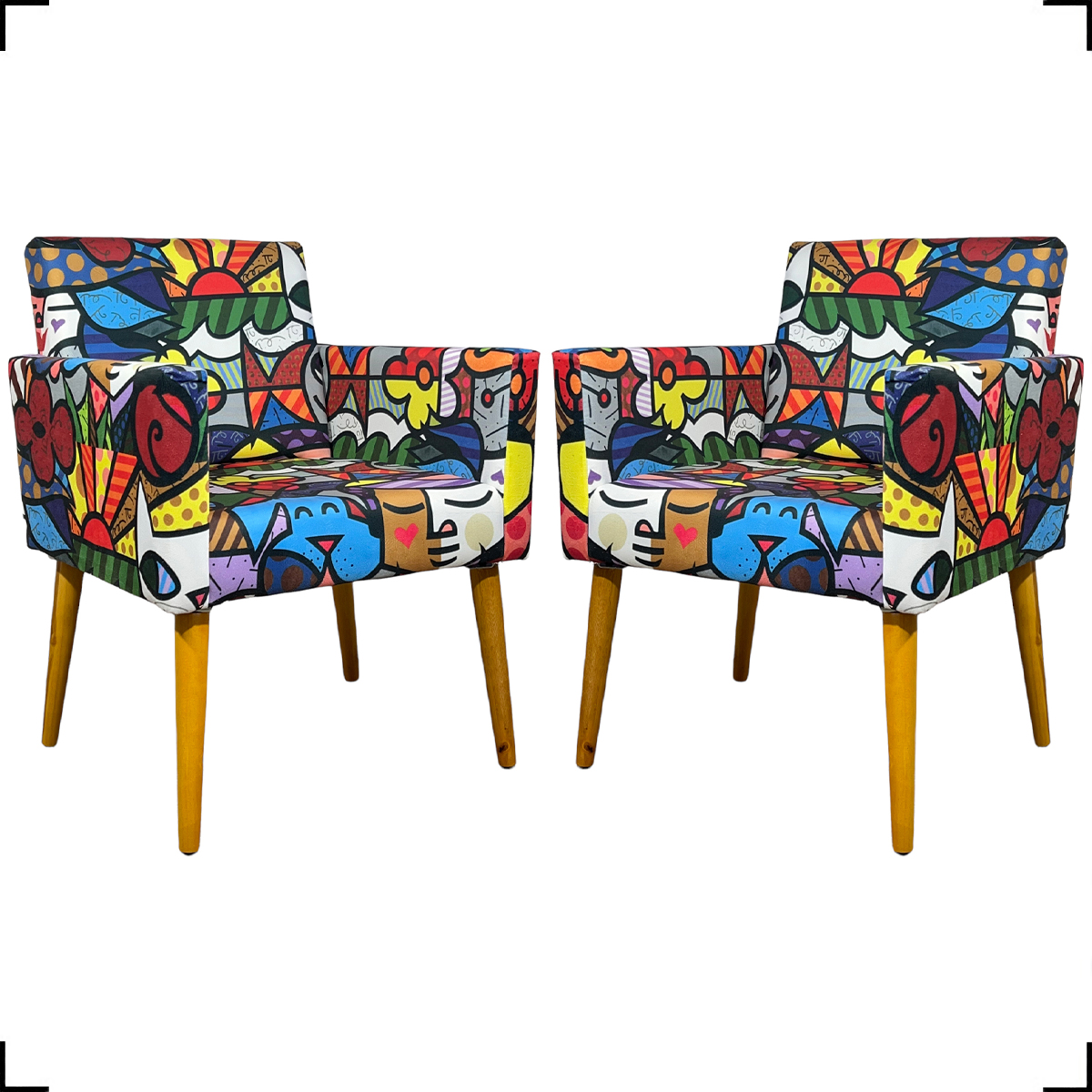 Kit 2 Poltronas Decorativas Reforçadas Nina Estampa Romero Brito Gatinho Pé Castanho - Clique E Decore