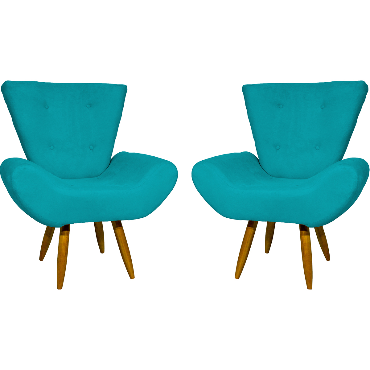 Kit 2 Poltronas Decorativas Reforçadas Para Sala Emilia Suede Azul Turquesa Pé Castanho - Clique E Decore