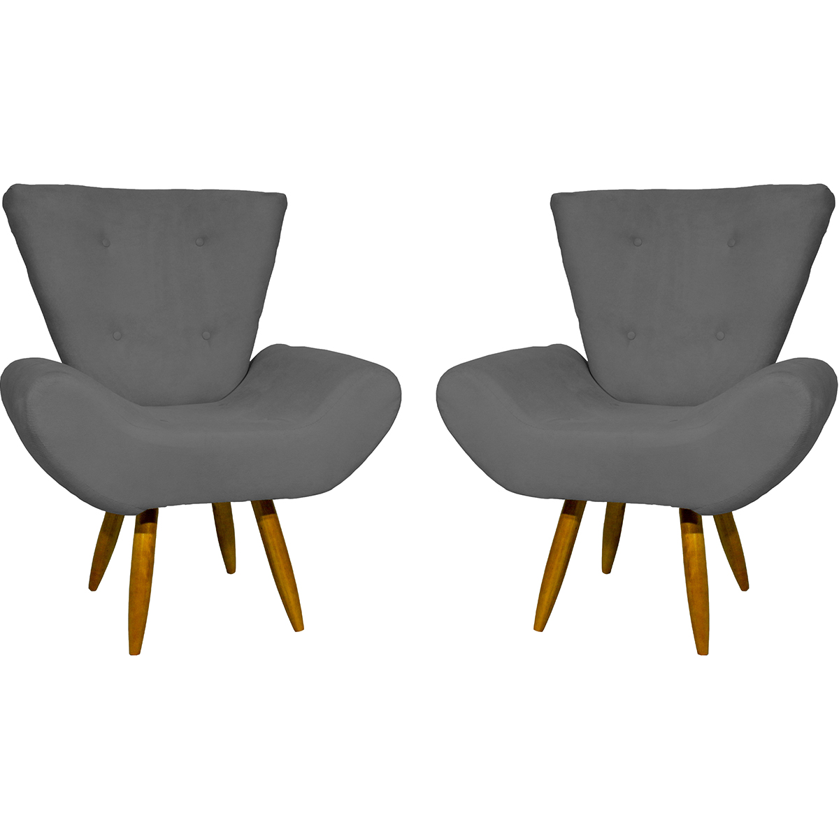 Kit 2 Poltronas Decorativas Reforçadas Para Sala Emilia Suede Cinza Pé Castanho - Clique E Decore