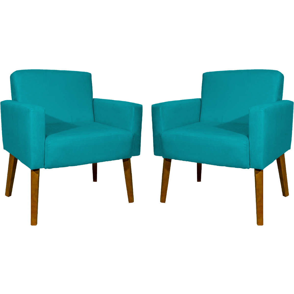 Kit 2 Poltronas Decorativas Reforçadas Para Sala Hope Suede Azul Turquesa Pé Castanho - Clique E Decore