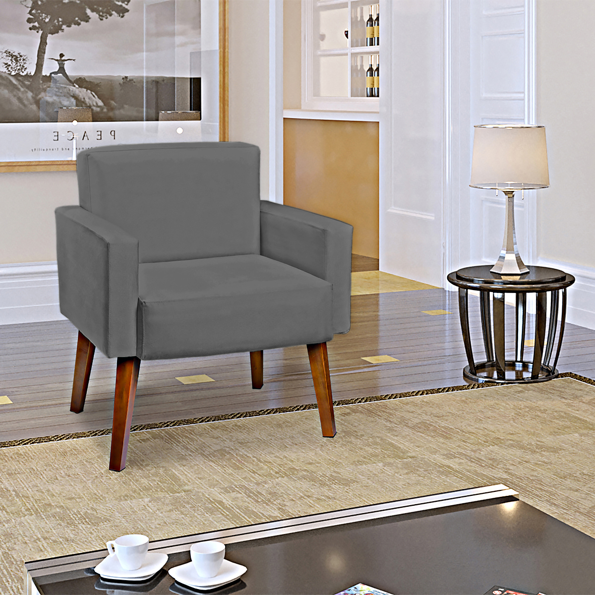 Kit 2 Poltronas Decorativas Reforçadas Para Sala Hope Suede Cinza Pé Castanho - Clique E Decore