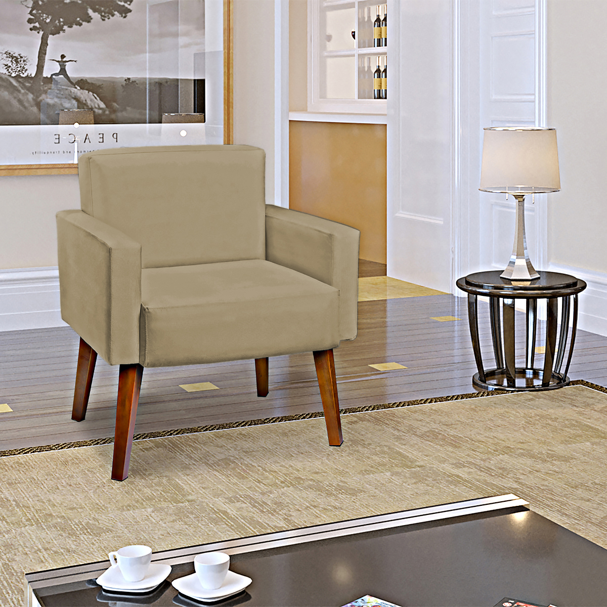 Kit 2 Poltronas Decorativas Reforçadas Para Sala Hope Suede Nude Pé Castanho - Clique E Decore