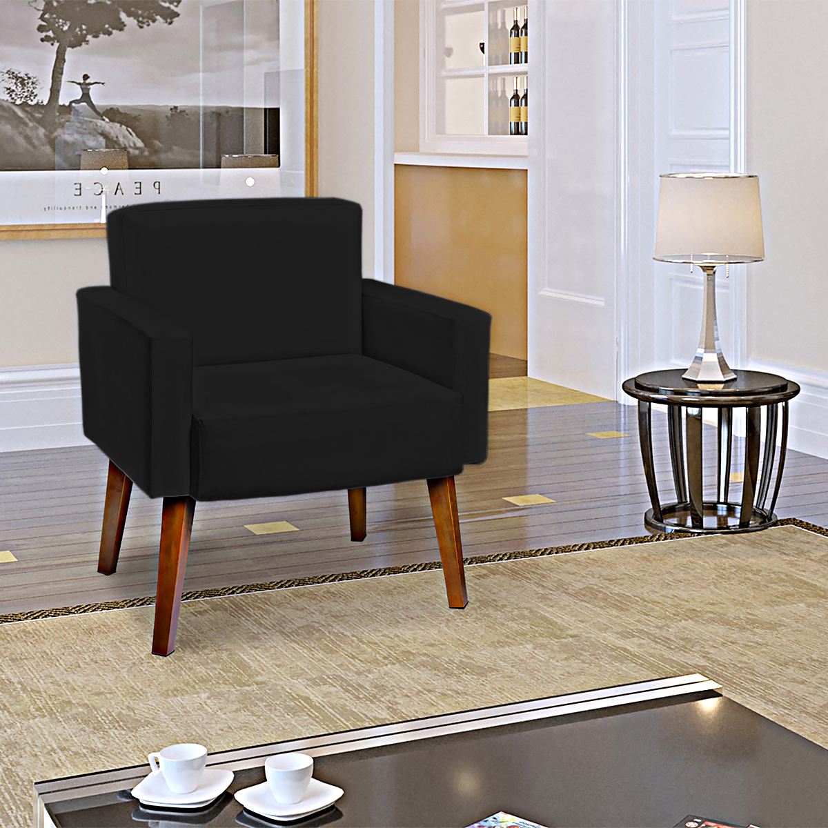 Kit 2 Poltronas Decorativas Reforçadas Para Sala Hope Suede Preto Pé Castanho - Clique E Decore