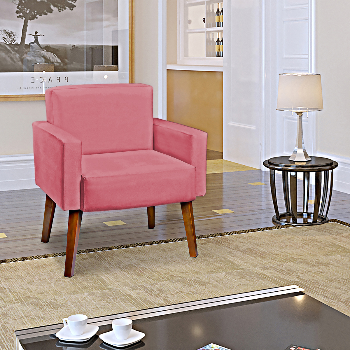 Kit 2 Poltronas Decorativas Reforçadas Para Sala Hope Suede Rosê Pé Castanho - Clique E Decore