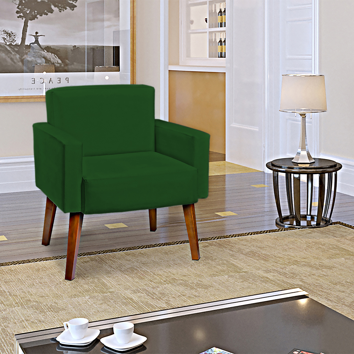 Kit 2 Poltronas Decorativas Reforçadas Para Sala Hope Suede Verde Pé Castanho - Clique E Decore