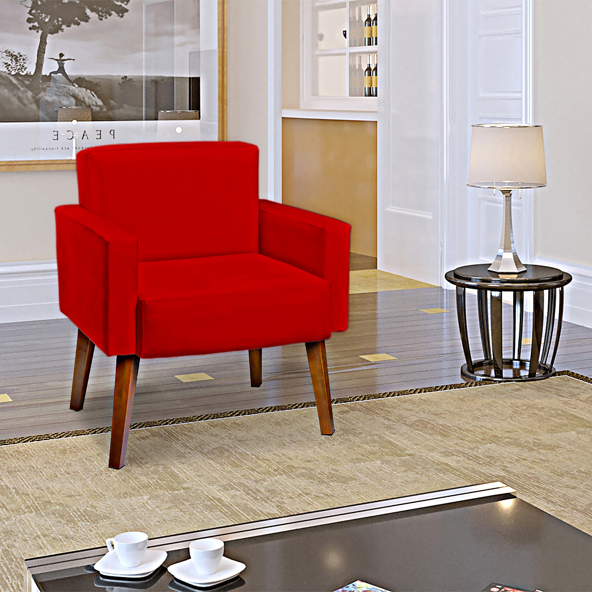 Kit 2 Poltronas Decorativas Reforçadas Para Sala Hope Suede Vermelho Pé Castanho - Clique E Decore