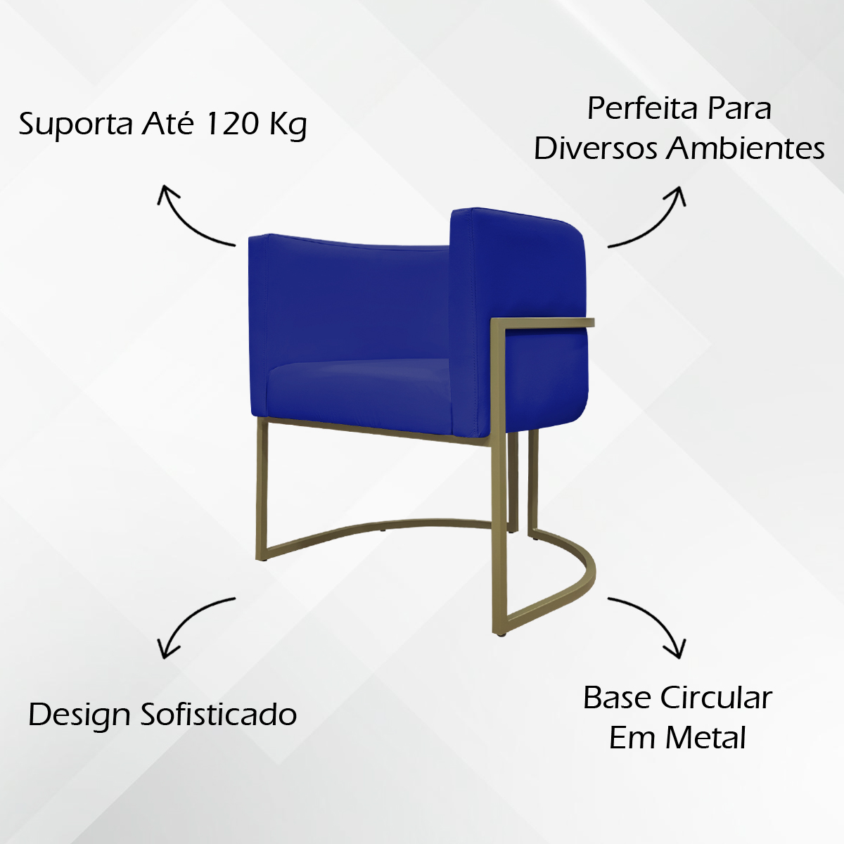 Kit 2 Poltronas Decorativas Reforçadas Para Sala Luna Escritório Consultório Recepção Corino Azul Royal Base de Ferro Champagne