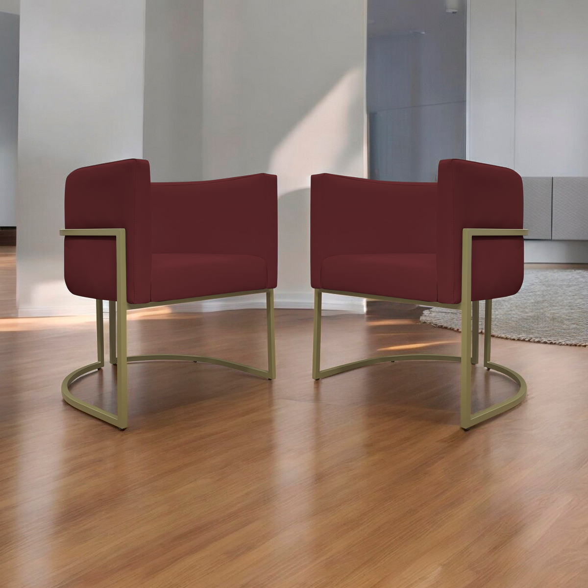 Kit 2 Poltronas Decorativas Reforçadas Para Sala Luna Escritório Consultório Recepção Corino Bodô Base de Ferro Champagne