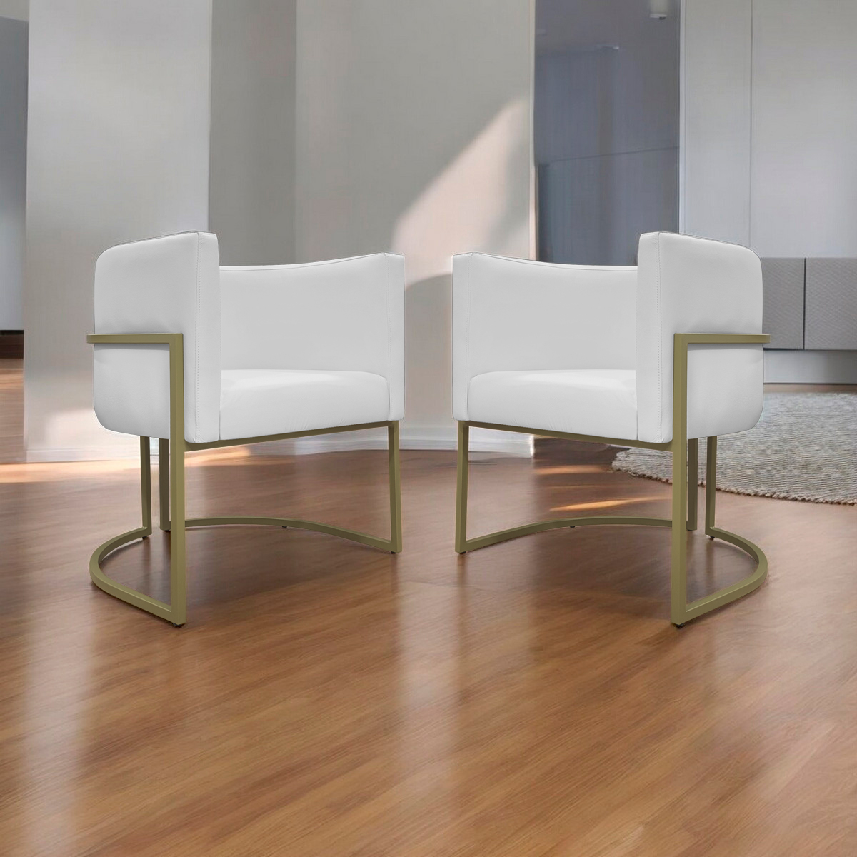 Kit 2 Poltronas Decorativas Reforçadas Para Sala Luna Escritório Consultório Recepção Corino Branco Base de Ferro Champagne