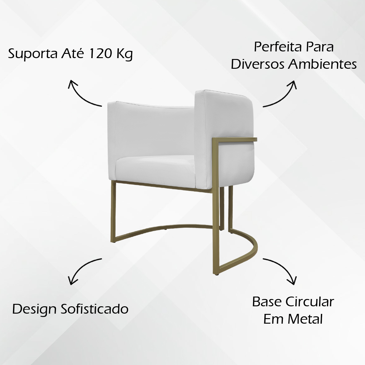 Kit 2 Poltronas Decorativas Reforçadas Para Sala Luna Escritório Consultório Recepção Corino Branco Base de Ferro Champagne