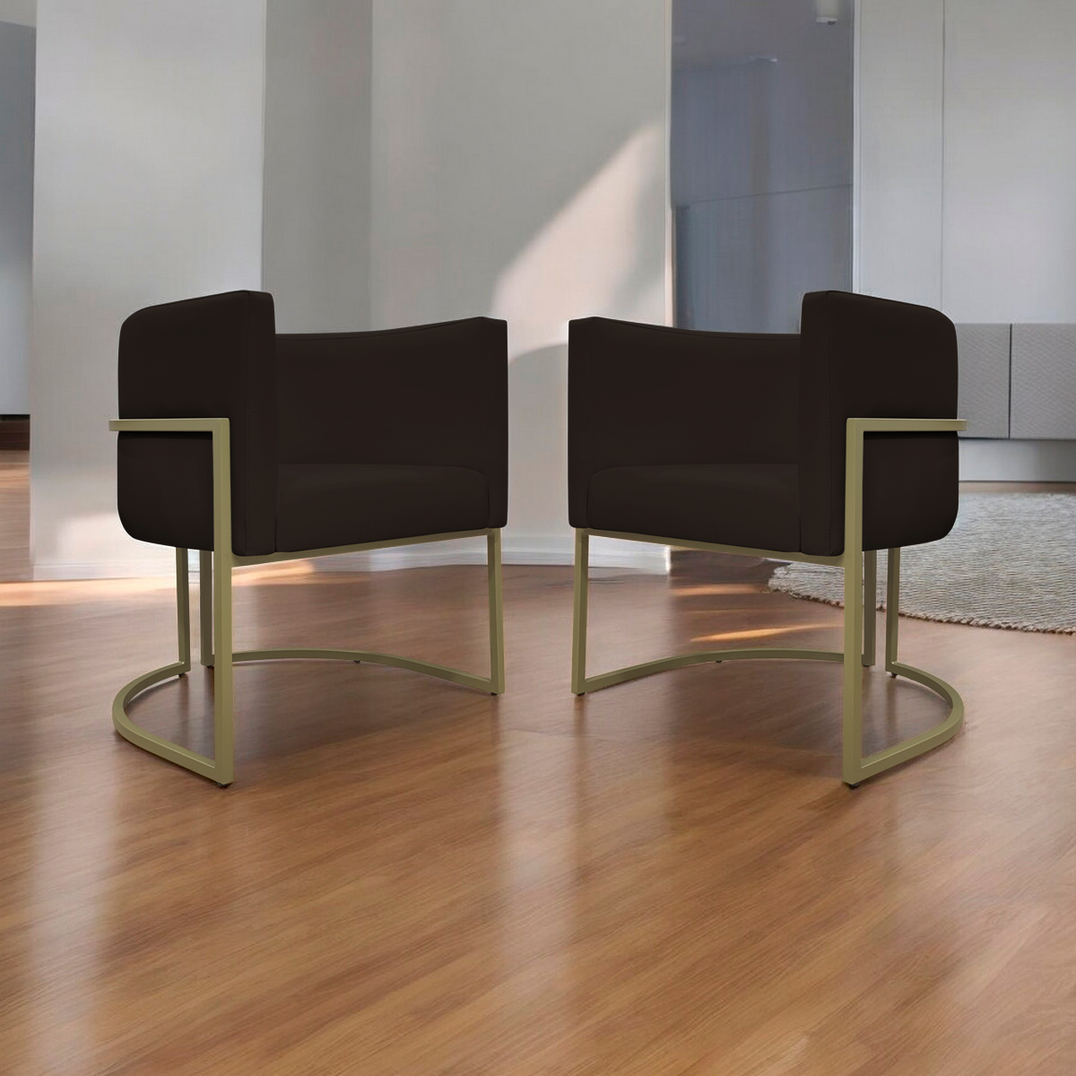 Kit 2 Poltronas Decorativas Reforçadas Para Sala Luna Escritório Consultório Recepção Corino Marrom Base de Ferro Champagne