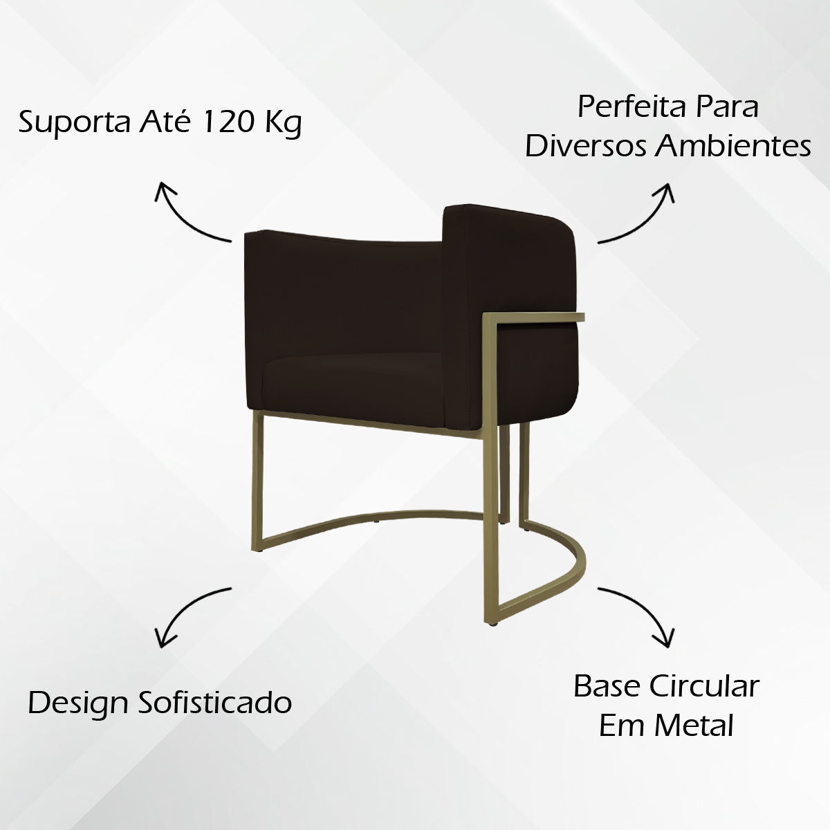 Kit 2 Poltronas Decorativas Reforçadas Para Sala Luna Escritório Consultório Recepção Corino Marrom Base de Ferro Champagne