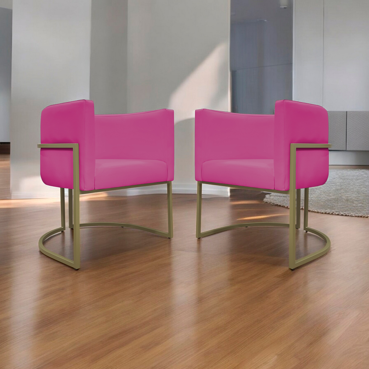 Kit 2 Poltronas Decorativas Reforçadas Para Sala Luna Escritório Consultório Recepção Corino Pink Base de Ferro Champagne