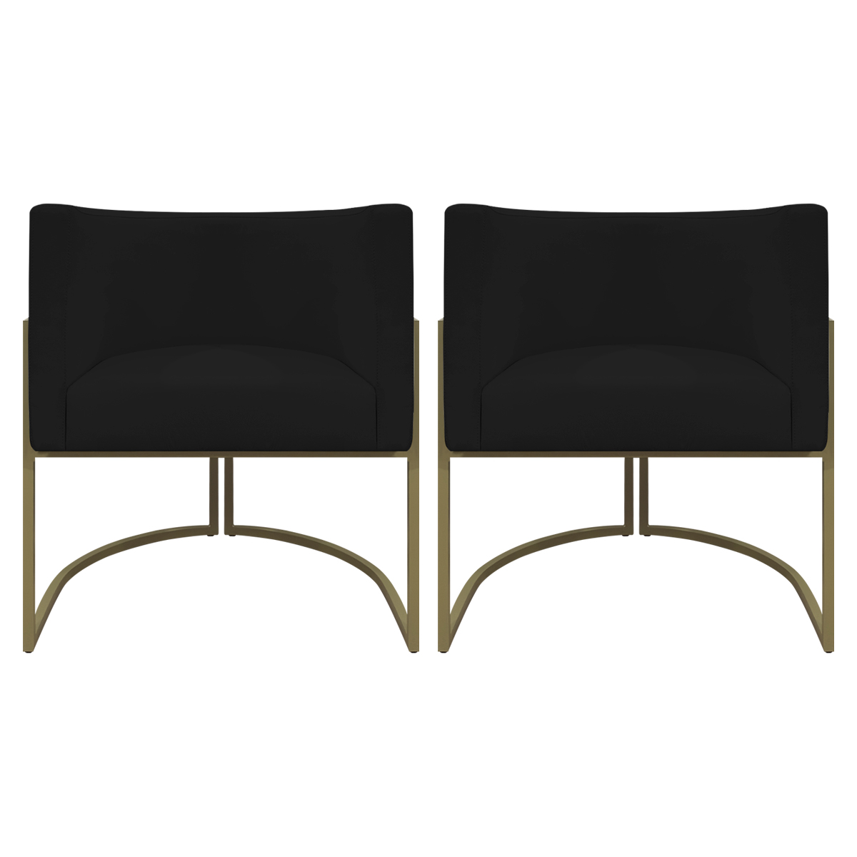 Kit 2 Poltronas Decorativas Reforçadas Para Sala Luna Escritório Consultório Recepção Corino Preto Base de Ferro Champagne