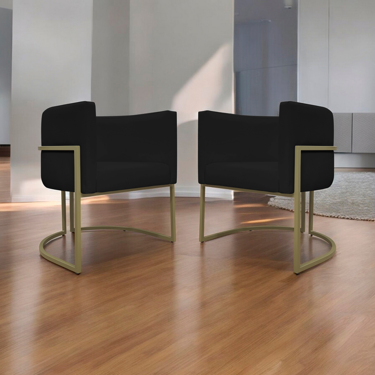 Kit 2 Poltronas Decorativas Reforçadas Para Sala Luna Escritório Consultório Recepção Corino Preto Base de Ferro Champagne