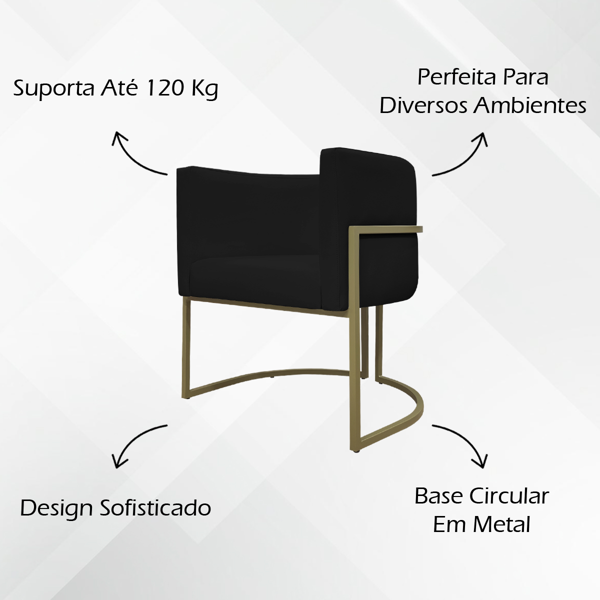 Kit 2 Poltronas Decorativas Reforçadas Para Sala Luna Escritório Consultório Recepção Corino Preto Base de Ferro Champagne