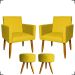 Kit 2 Poltronas Decorativas Reforçadas Para Sala Nina + 2 Puff Redondos Suede Amarelo Pé Castanho - Clique E Decore