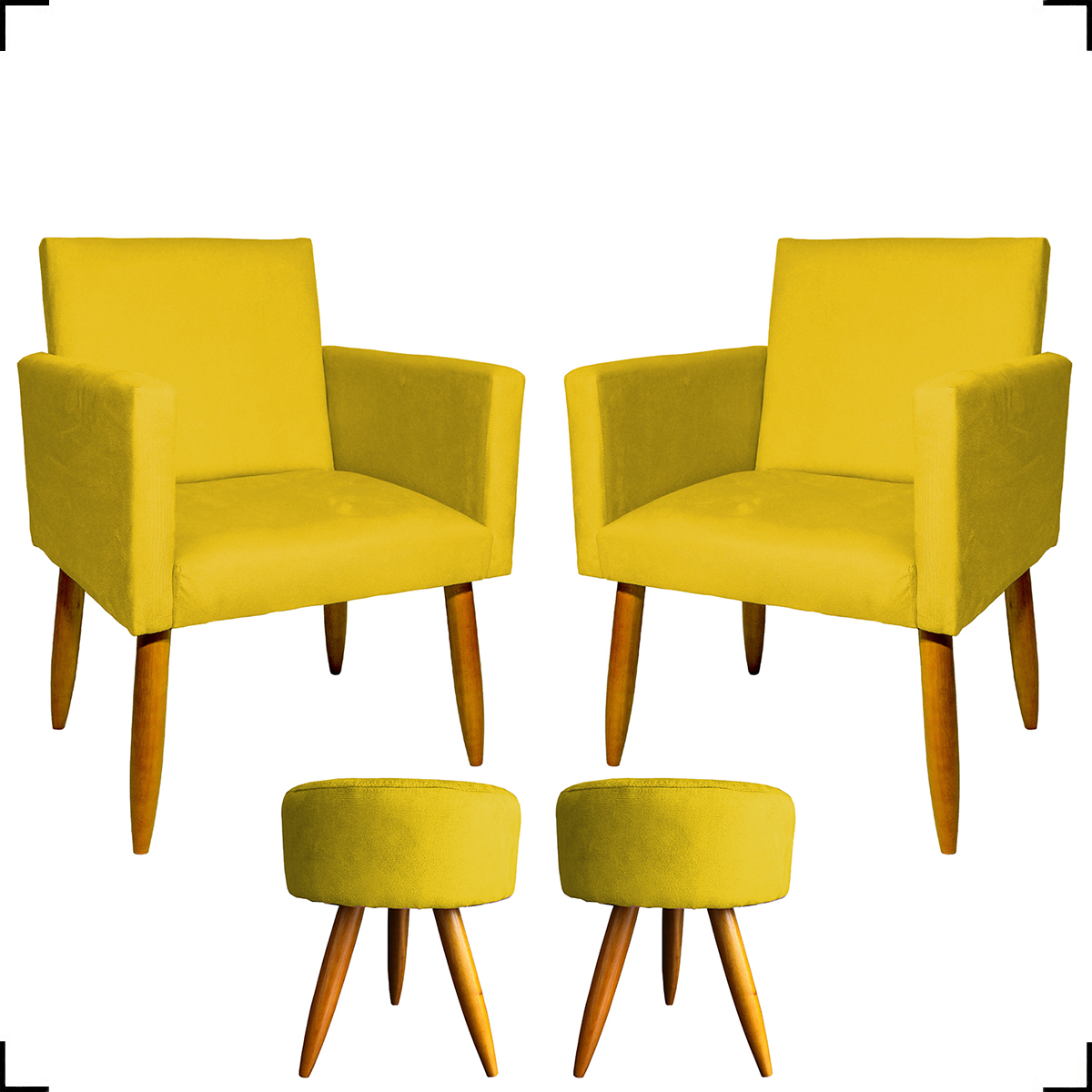 Kit 2 Poltronas Decorativas Reforçadas Para Sala Nina + 2 Puff Redondos Suede Amarelo Pé Castanho - Clique E Decore