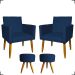 Kit 2 Poltronas Decorativas Reforçadas Para Sala Nina + 2 Puff Redondos Suede Azul Marinho Pé Castanho - Clique E Decore