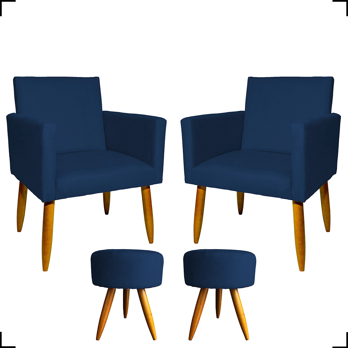 Kit 2 Poltronas Decorativas Reforçadas Para Sala Nina + 2 Puff Redondos Suede Azul Marinho Pé Castanho - Clique E Decore