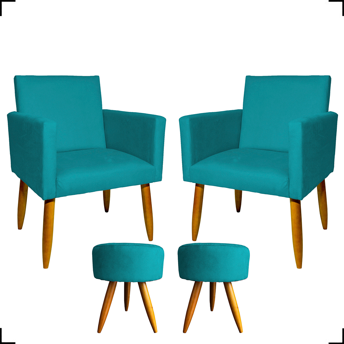 Kit 2 Poltronas Decorativas Reforçadas Para Sala Nina + 2 Puff Redondos Suede Azul Turquesa Pé Castanho - Clique E Decore
