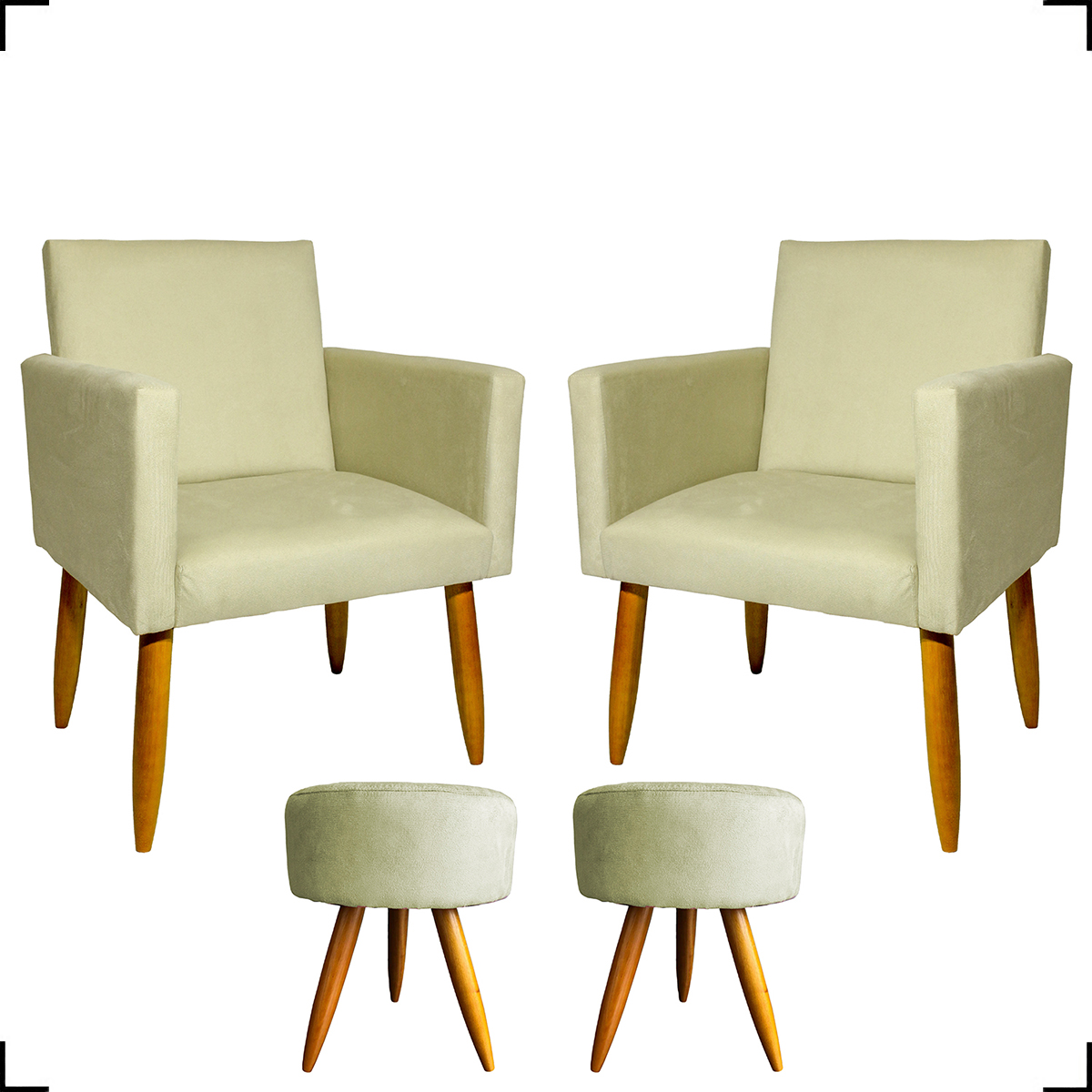 Kit 2 Poltronas Decorativas Reforçadas Para Sala Nina + 2 Puff Redondos Suede Bege Pé Castanhos - Clique E Decore