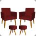 Kit 2 Poltronas Decorativas Reforçadas Para Sala Nina + 2 Puff Redondos Suede Bordo Pé Castanho - Clique E Decore